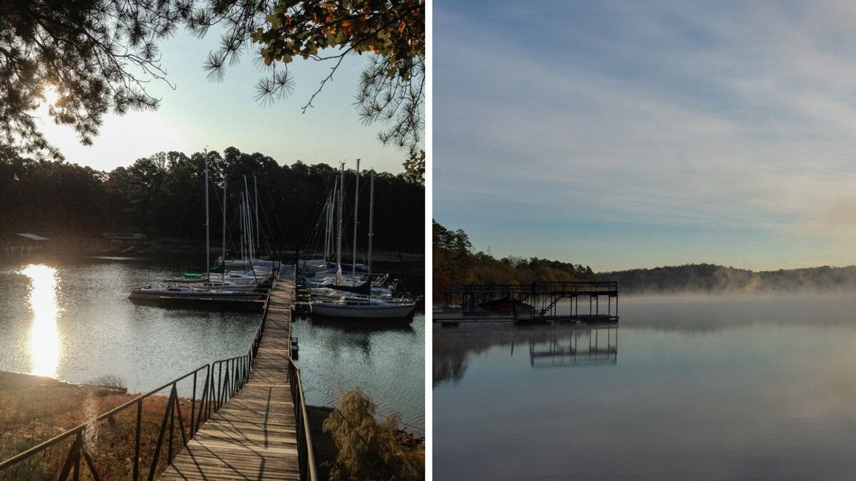 Boats in Lake Lanier in GA. Right: A foggy Lake Lanier in GA.