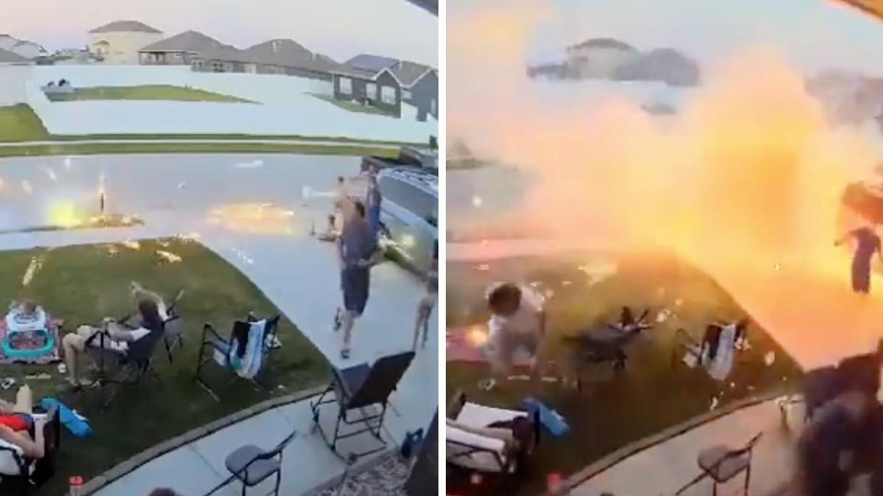Stills from video of a fireworks explosion on a family's lawn.