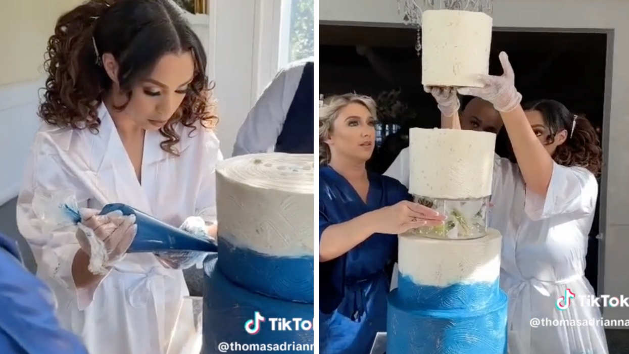 A bride putting icing on her wedding cake. Right: A bride stacking her wedding cake.