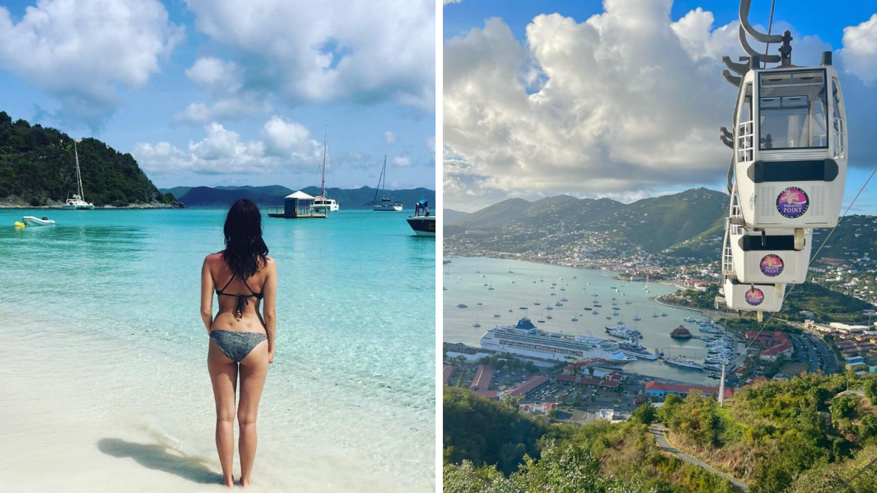 Staff writer Brittany Cristiano on a beach in the Virgin Islands. Right: An overview of St. Thomas USVI.